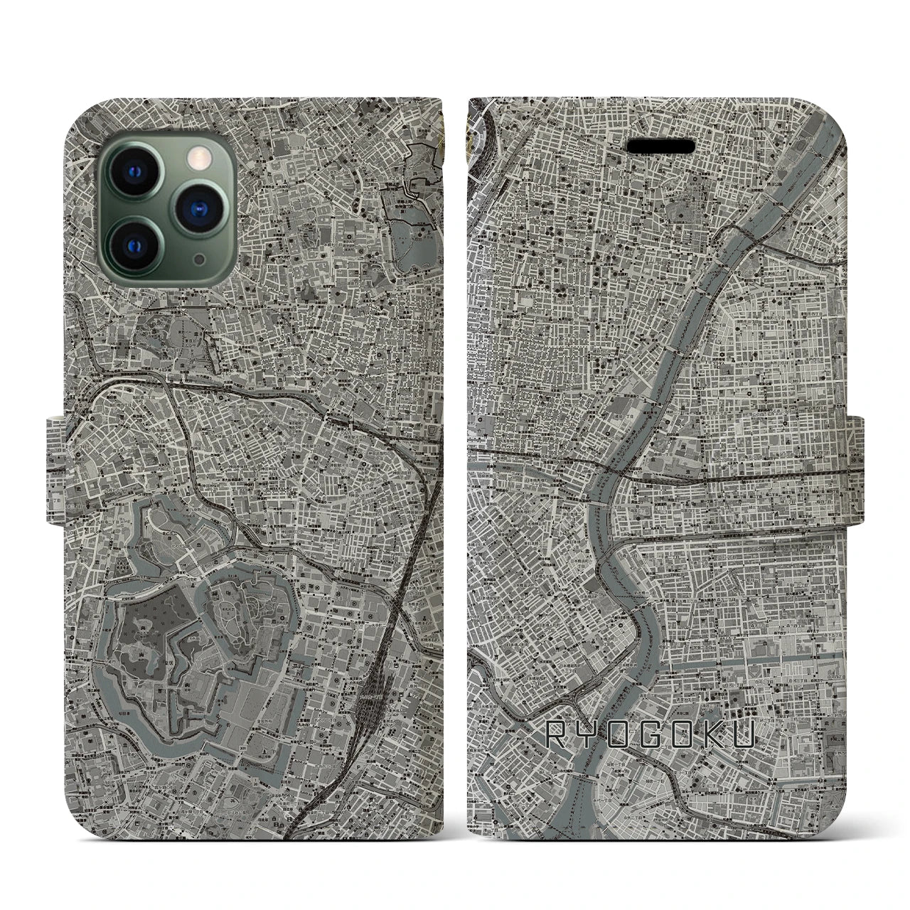 【両国(東京都)】地図柄iPhoneケース(手帳タイプ)モノトーン・iPhone 11 Pro 用