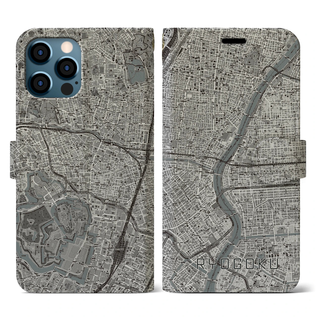 【両国(東京都)】地図柄iPhoneケース(手帳タイプ)モノトーン・iPhone 12 / 12 Pro 用