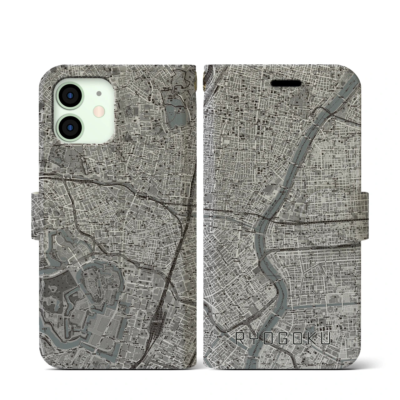 【両国(東京都)】地図柄iPhoneケース(手帳タイプ)モノトーン・iPhone 12 mini 用