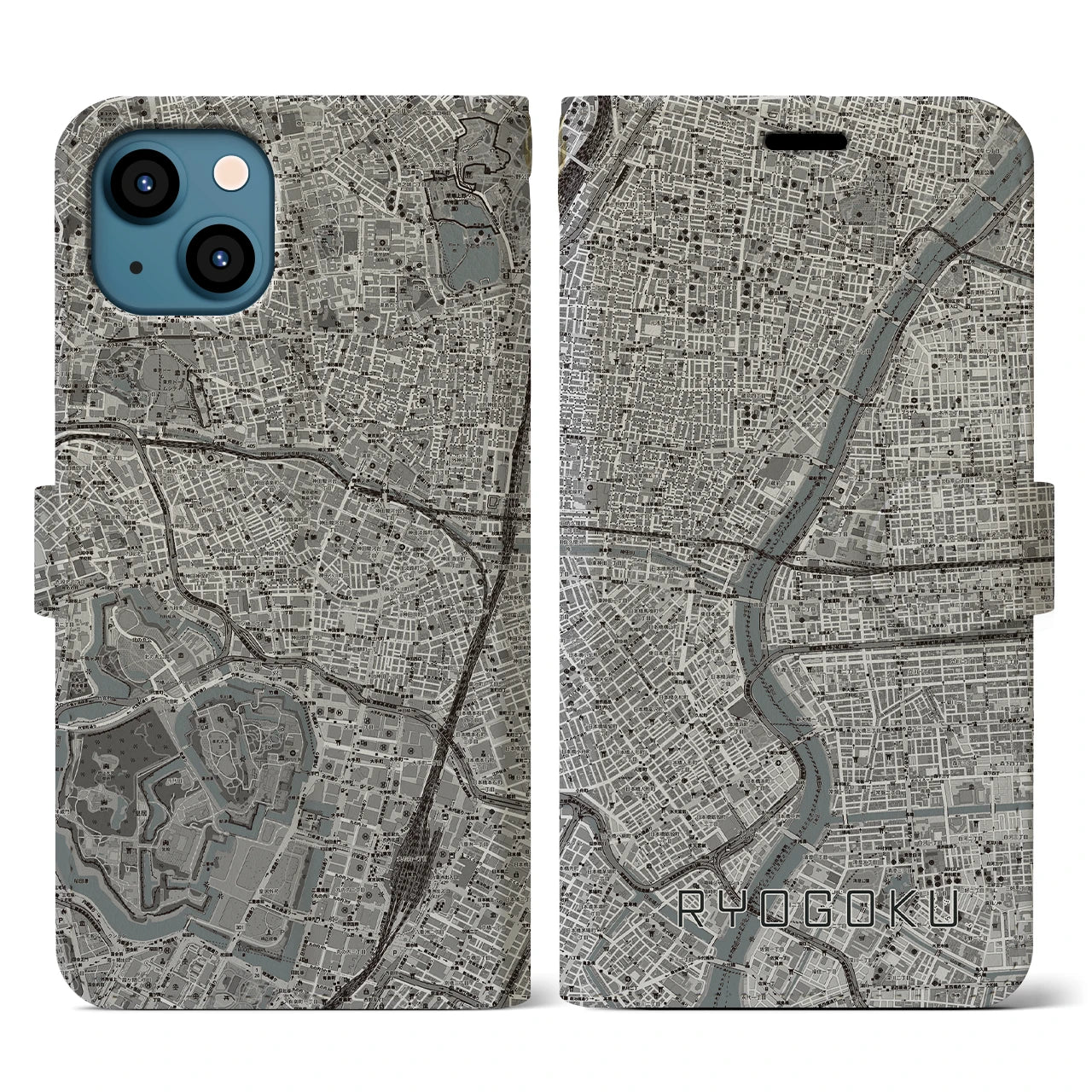 【両国(東京都)】地図柄iPhoneケース(手帳タイプ)モノトーン・iPhone 13 用