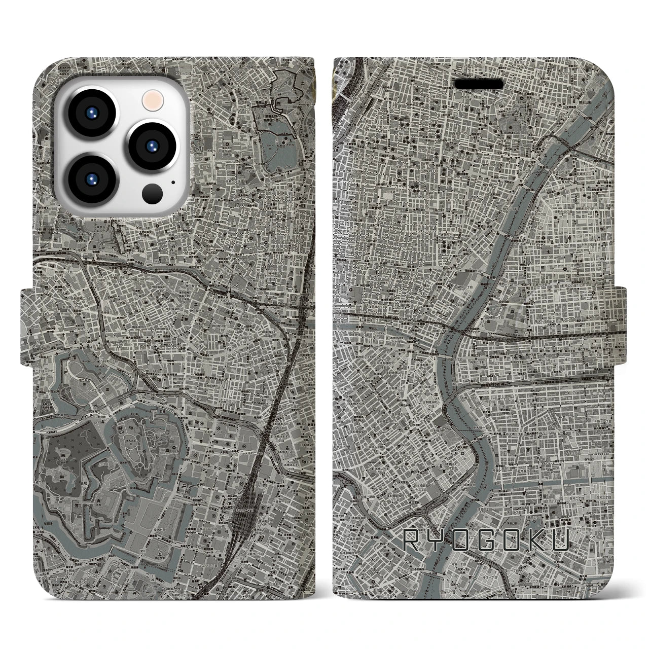 【両国(東京都)】地図柄iPhoneケース(手帳タイプ)モノトーン・iPhone 13 Pro 用