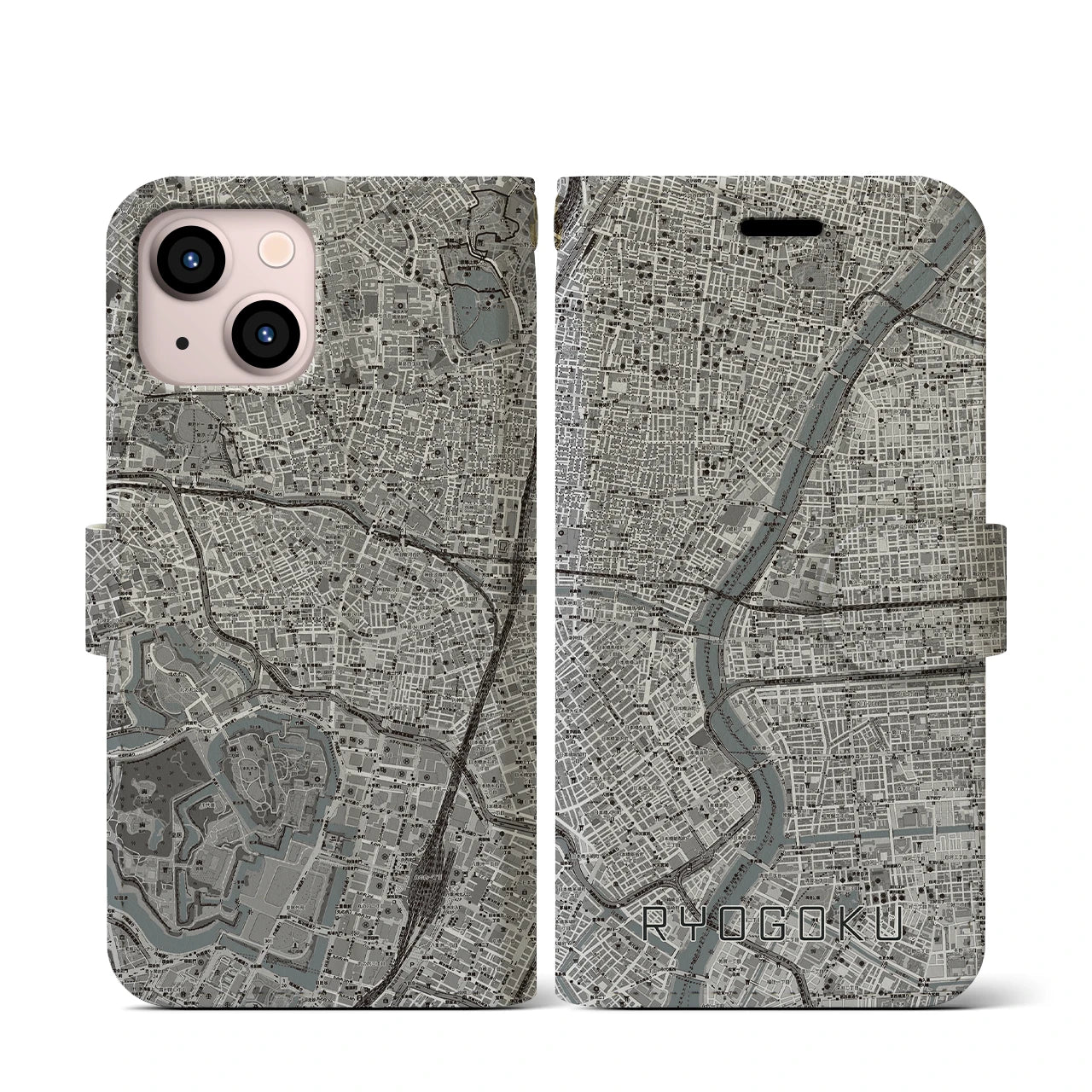 【両国(東京都)】地図柄iPhoneケース(手帳タイプ)モノトーン・iPhone 13 mini 用