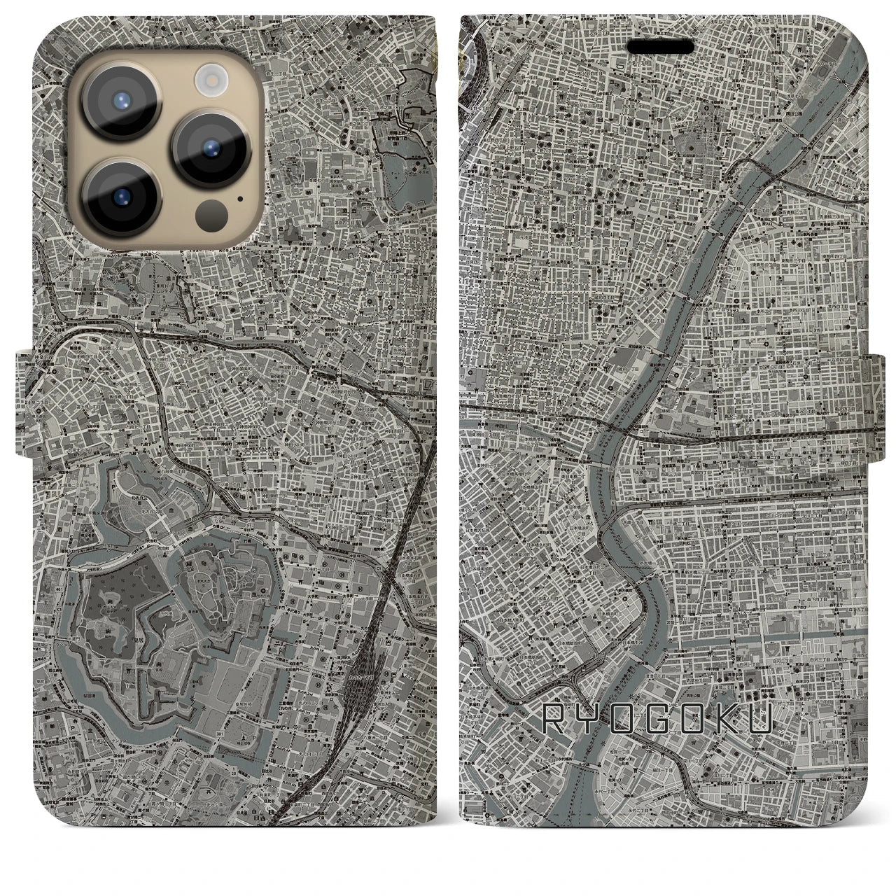 【両国(東京都)】地図柄iPhoneケース(手帳タイプ)モノトーン・iPhone 14 Pro Max 用