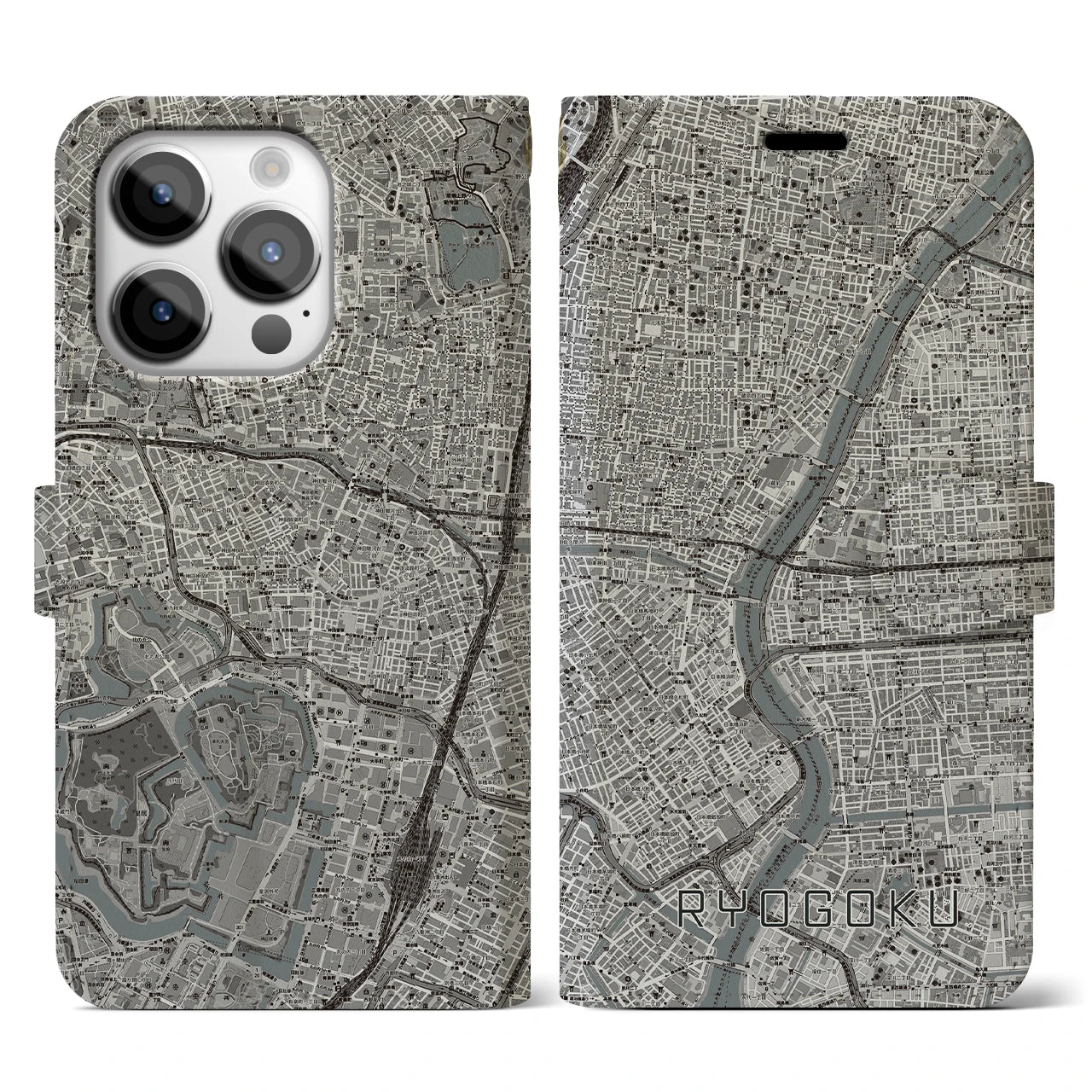 【両国(東京都)】地図柄iPhoneケース(手帳タイプ)モノトーン・iPhone 14 Pro 用