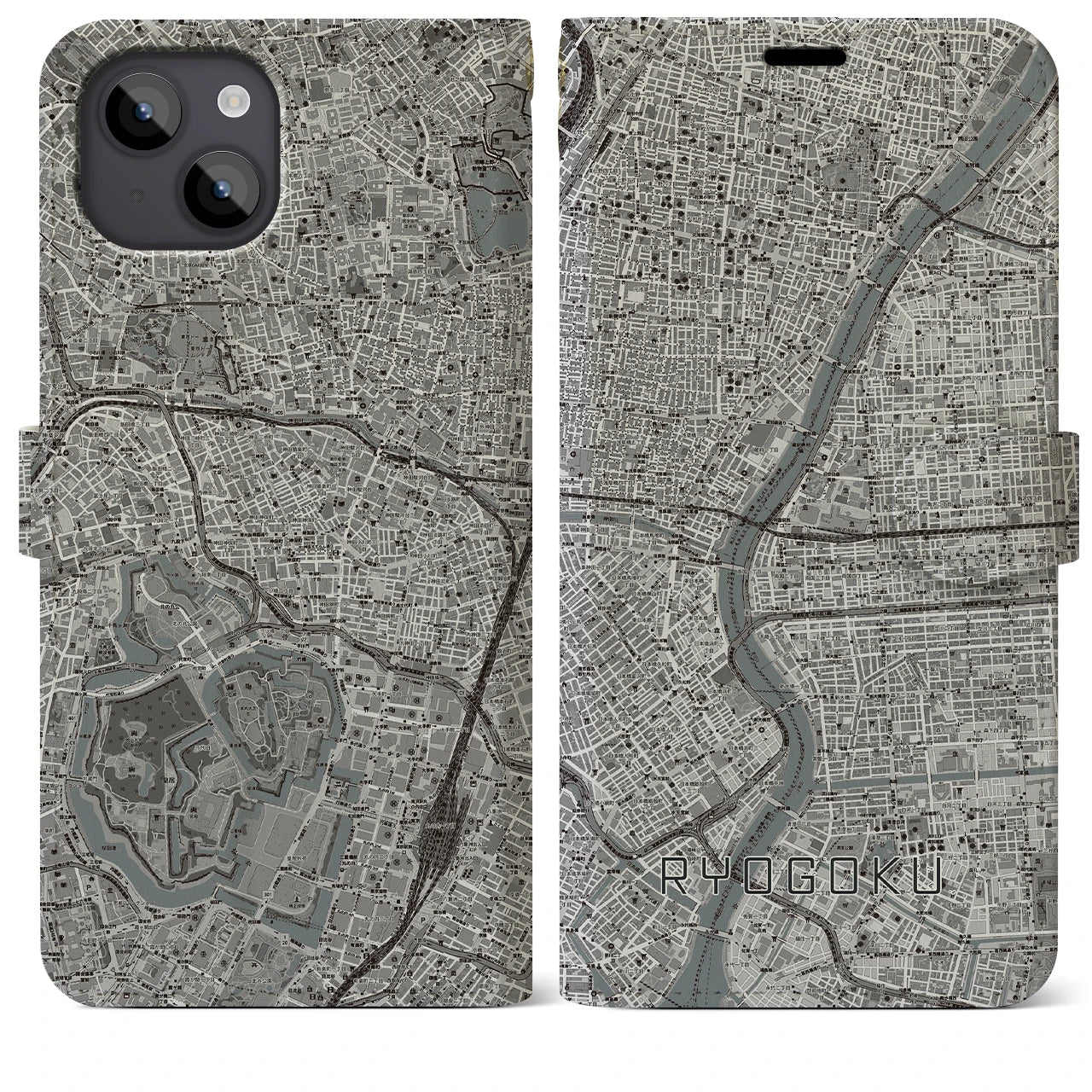 【両国(東京都)】地図柄iPhoneケース(手帳タイプ)モノトーン・iPhone 14 Plus 用