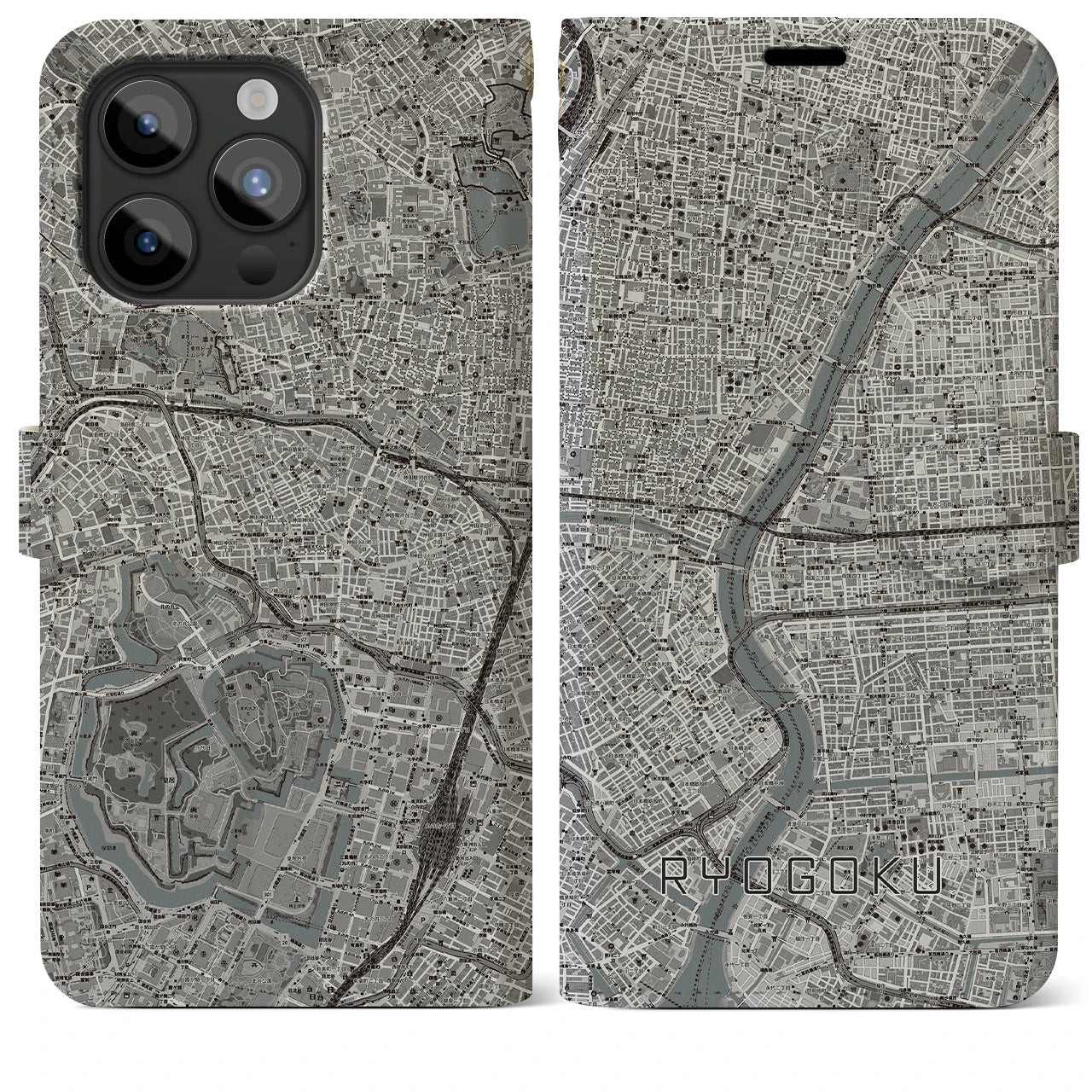 【両国(東京都)】地図柄iPhoneケース(手帳タイプ)モノトーン・iPhone 15 Pro Max 用