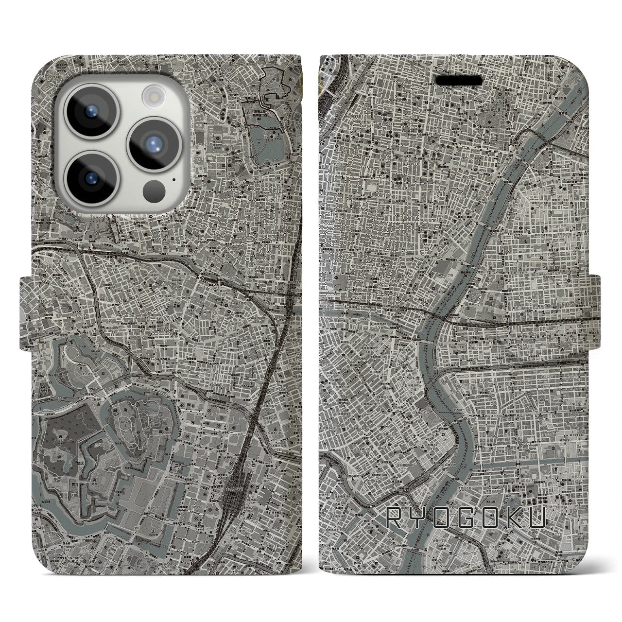 【両国(東京都)】地図柄iPhoneケース(手帳タイプ)モノトーン・iPhone 15 Pro 用