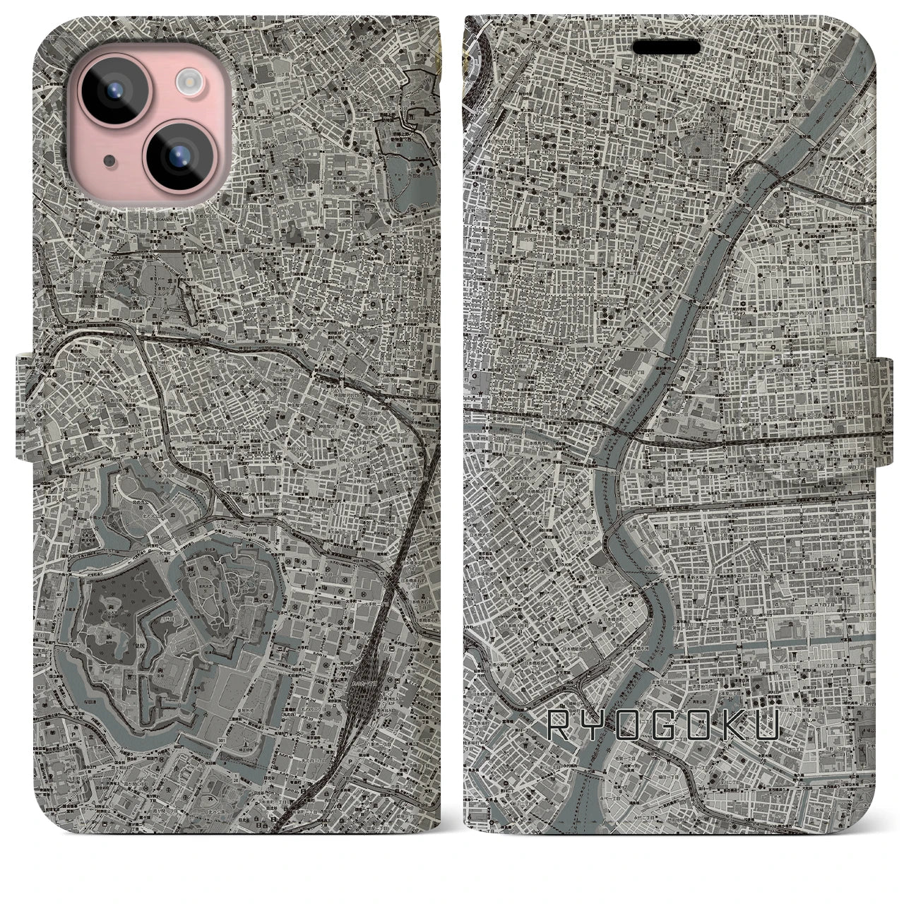 【両国(東京都)】地図柄iPhoneケース(手帳タイプ)モノトーン・iPhone 15 Plus 用