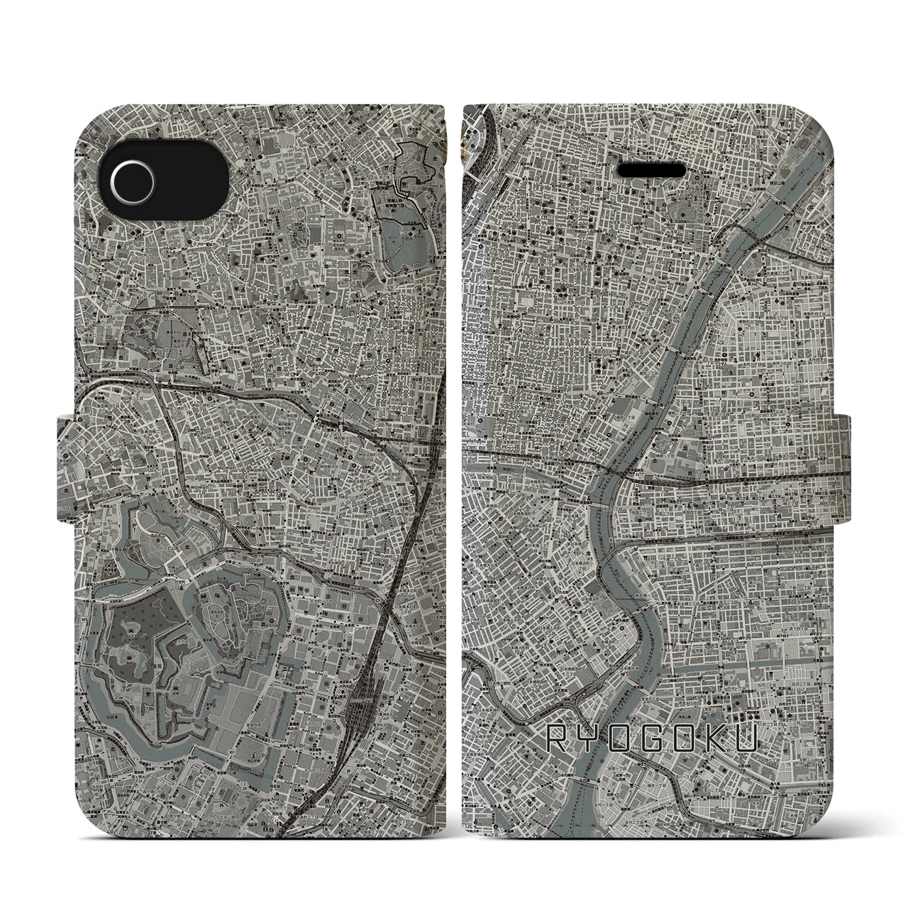 【両国(東京都)】地図柄iPhoneケース(手帳タイプ)モノトーン・iPhone SE(第3 / 第2世代) / 8 / 7 / 6s / 6 用