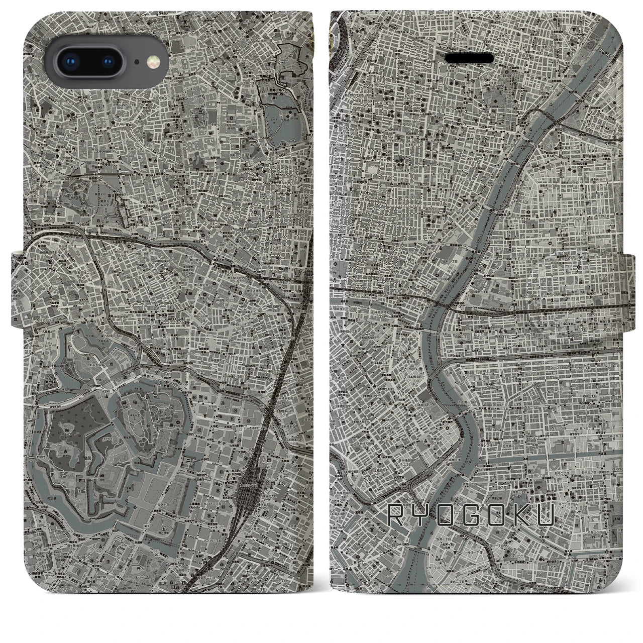 【両国(東京都)】地図柄iPhoneケース(手帳タイプ)モノトーン・iPhone 8Plus /7Plus / 6sPlus / 6Plus 用