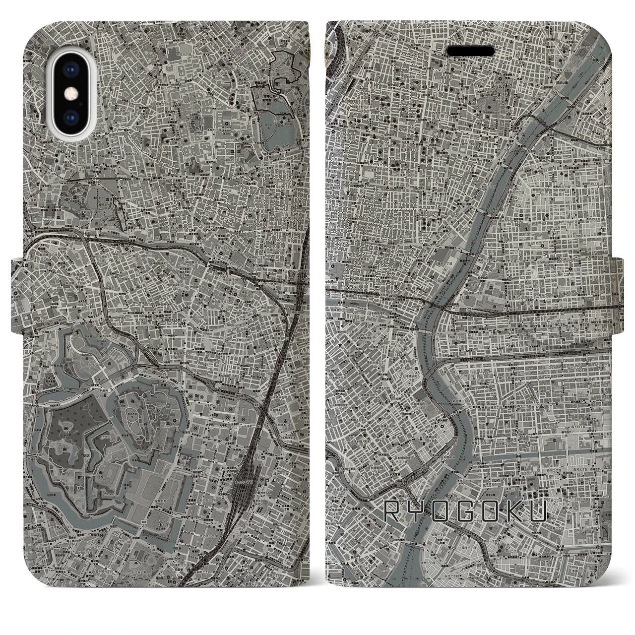 【両国(東京都)】地図柄iPhoneケース(手帳タイプ)モノトーン・iPhone XS Max 用