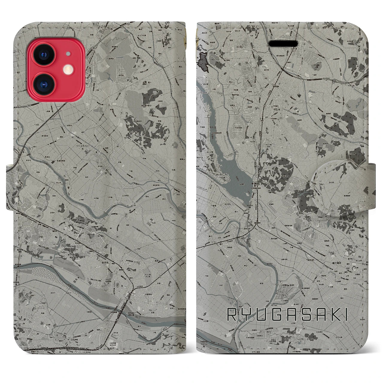 【龍ケ崎(茨城県)】地図柄iPhoneケース(手帳タイプ)モノトーン・iPhone 11 用