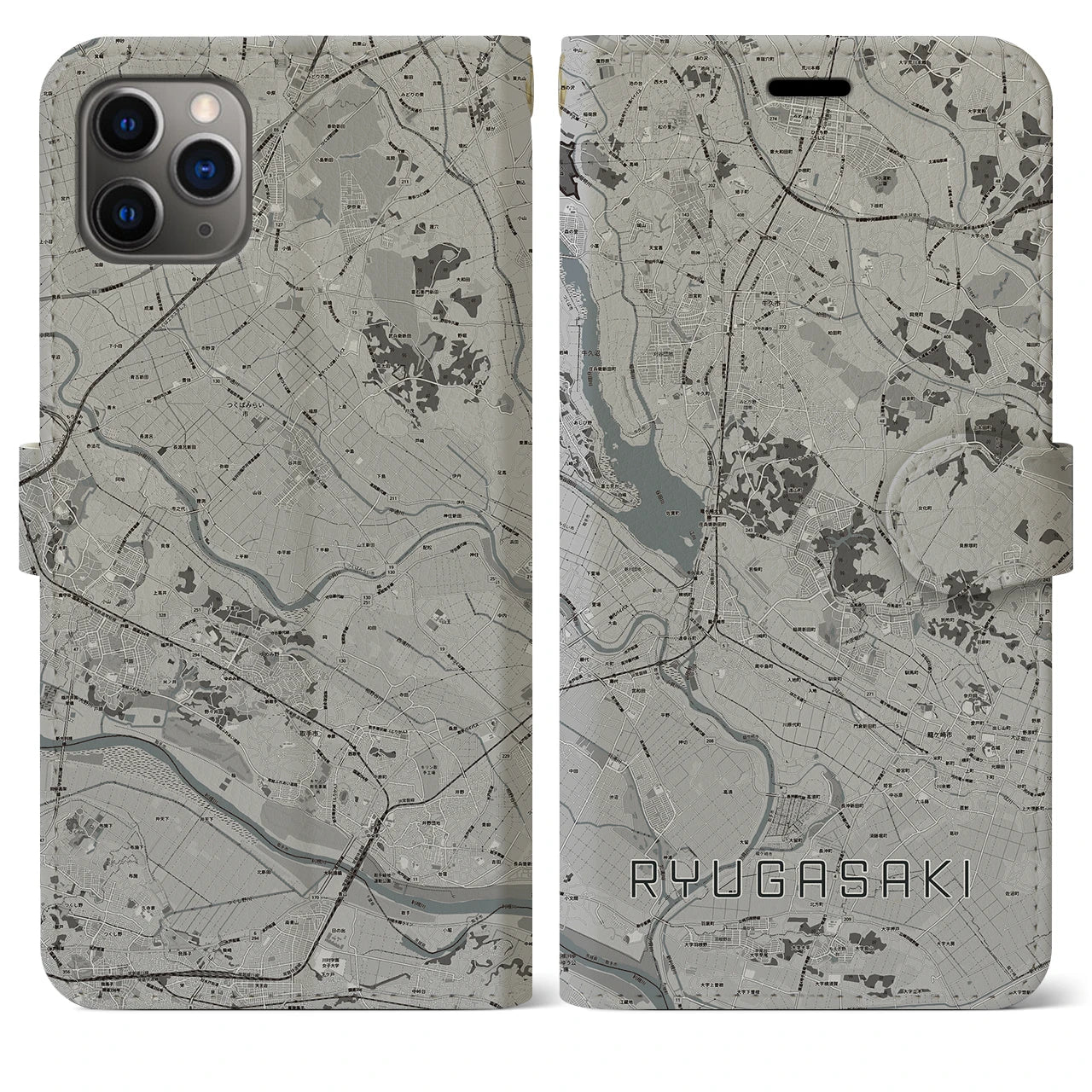 【龍ケ崎(茨城県)】地図柄iPhoneケース(手帳タイプ)モノトーン・iPhone 11 Pro Max 用