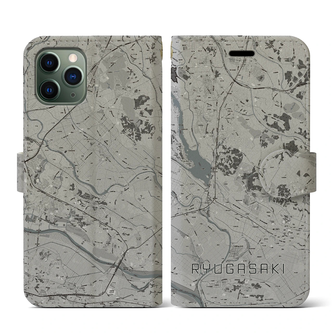 【龍ケ崎(茨城県)】地図柄iPhoneケース(手帳タイプ)モノトーン・iPhone 11 Pro 用