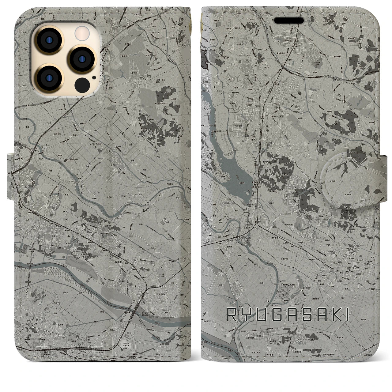 【龍ケ崎(茨城県)】地図柄iPhoneケース(手帳タイプ)モノトーン・iPhone 12 Pro Max 用