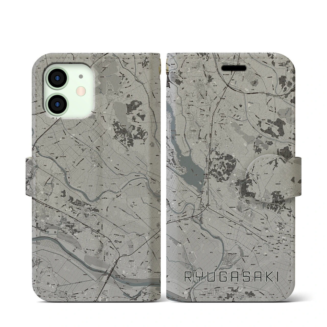 【龍ケ崎(茨城県)】地図柄iPhoneケース(手帳タイプ)モノトーン・iPhone 12 mini 用