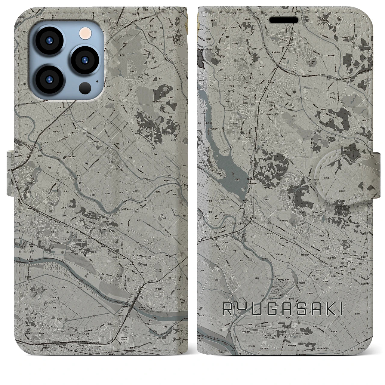 【龍ケ崎(茨城県)】地図柄iPhoneケース(手帳タイプ)モノトーン・iPhone 13 Pro Max 用