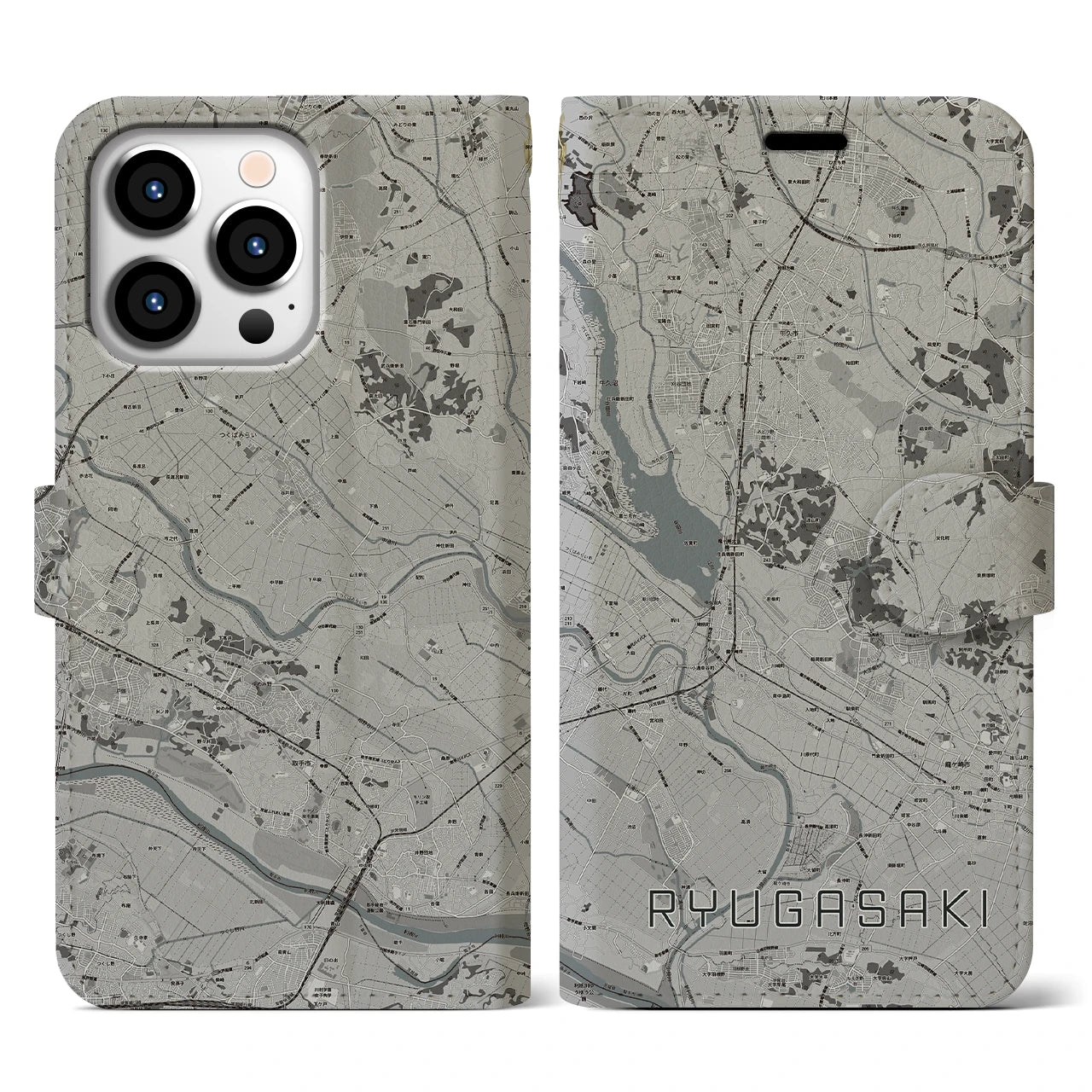 【龍ケ崎(茨城県)】地図柄iPhoneケース(手帳タイプ)モノトーン・iPhone 13 Pro 用