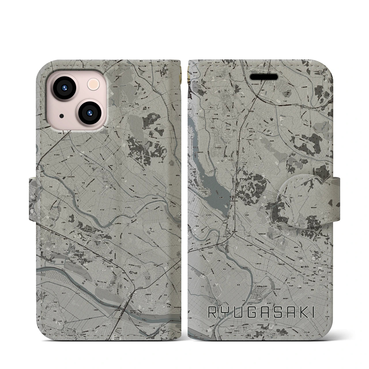 【龍ケ崎(茨城県)】地図柄iPhoneケース(手帳タイプ)モノトーン・iPhone 13 mini 用