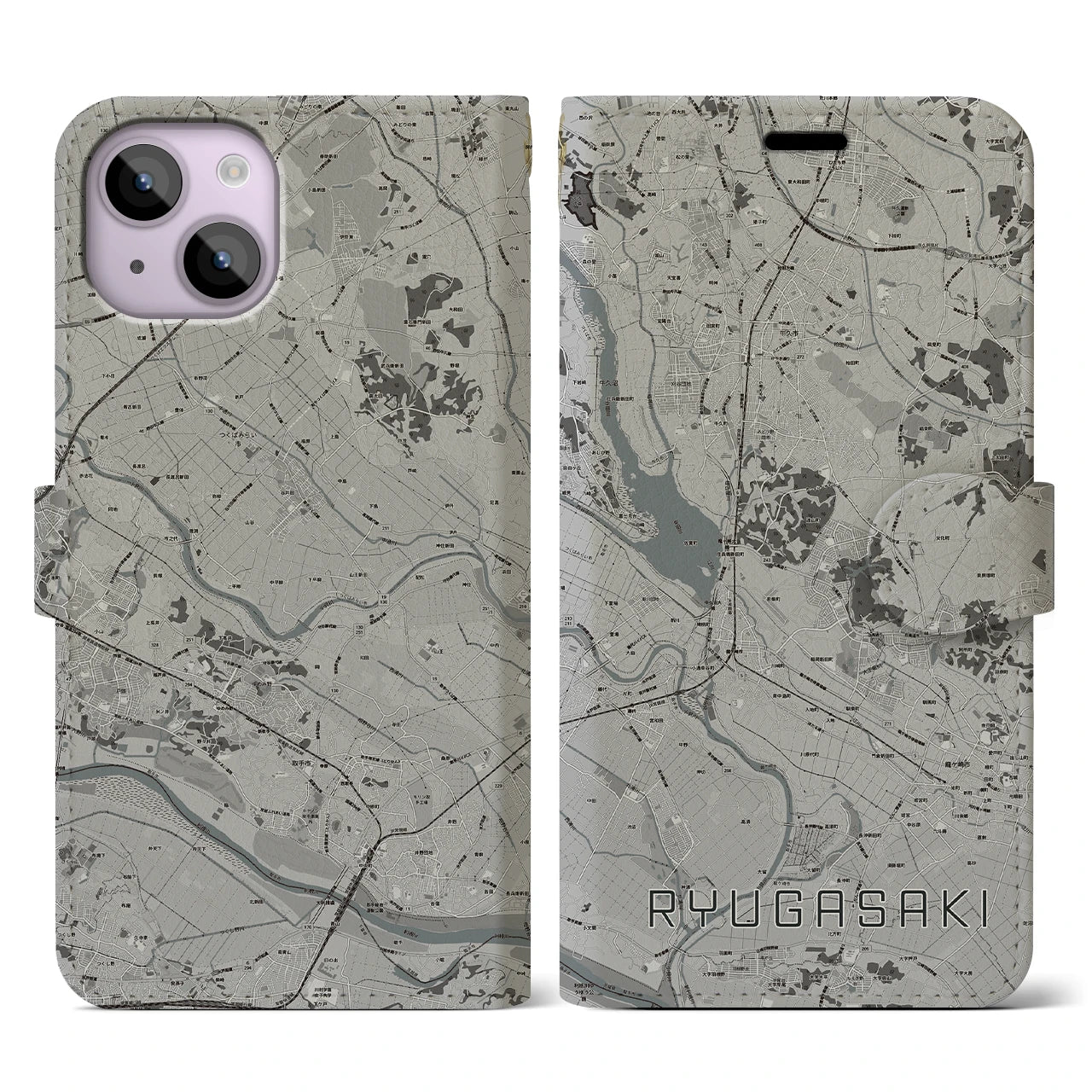 【龍ケ崎(茨城県)】地図柄iPhoneケース(手帳タイプ)モノトーン・iPhone 14 用