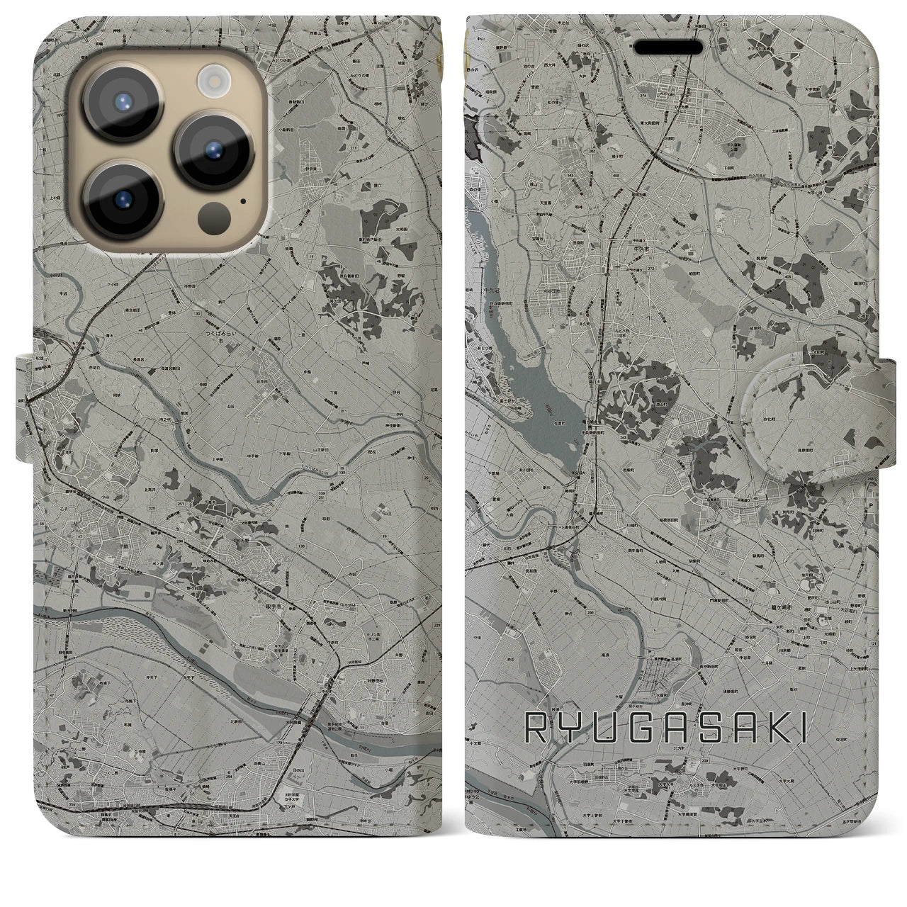 【龍ケ崎(茨城県)】地図柄iPhoneケース(手帳タイプ)モノトーン・iPhone 14 Pro Max 用