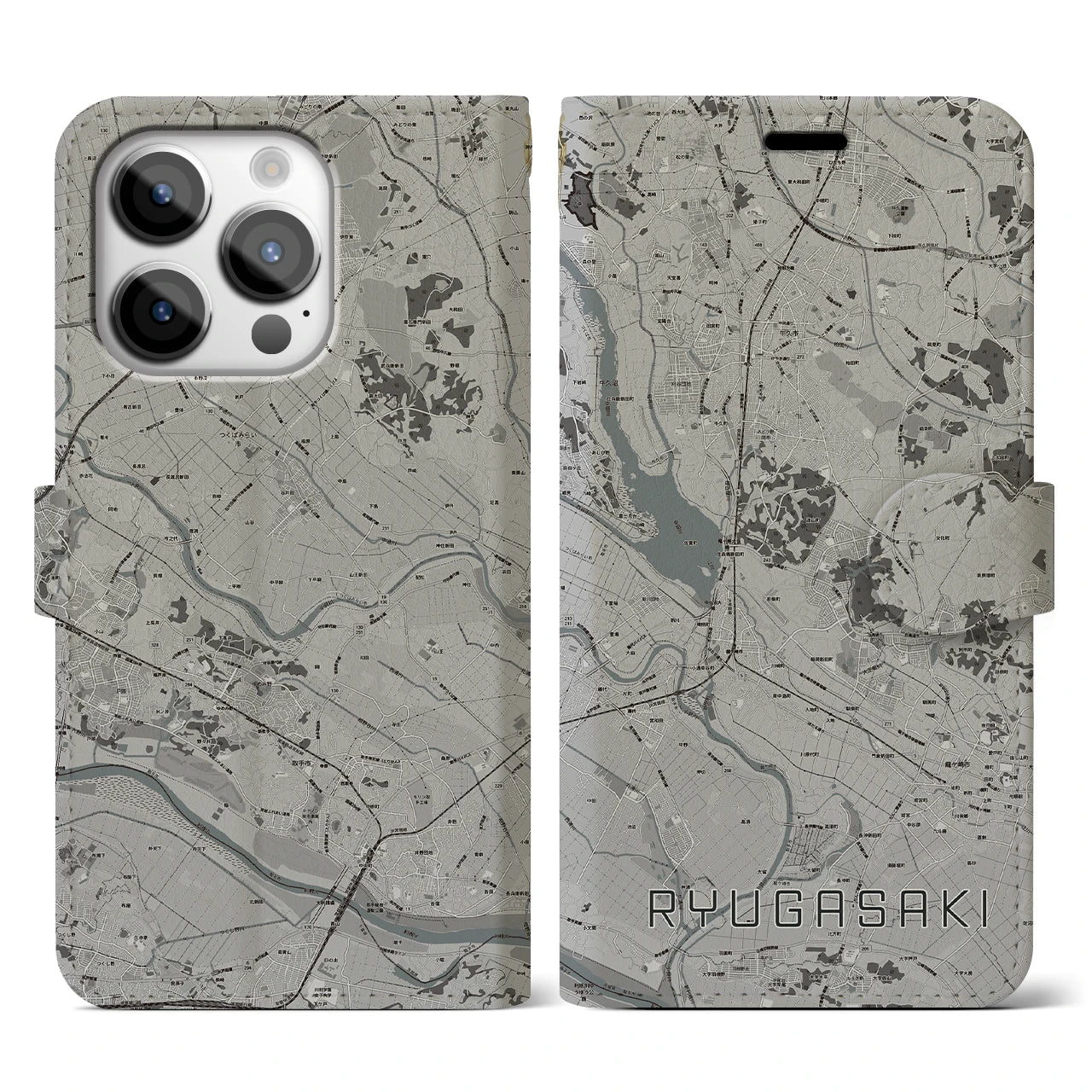 【龍ケ崎(茨城県)】地図柄iPhoneケース(手帳タイプ)モノトーン・iPhone 14 Pro 用