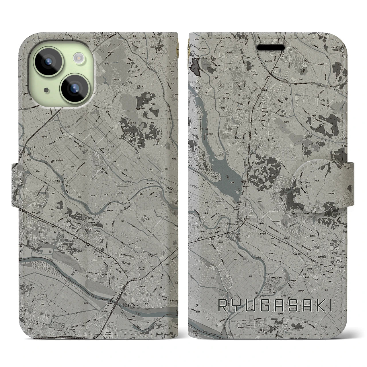 【龍ケ崎(茨城県)】地図柄iPhoneケース(手帳タイプ)モノトーン・iPhone 15 用