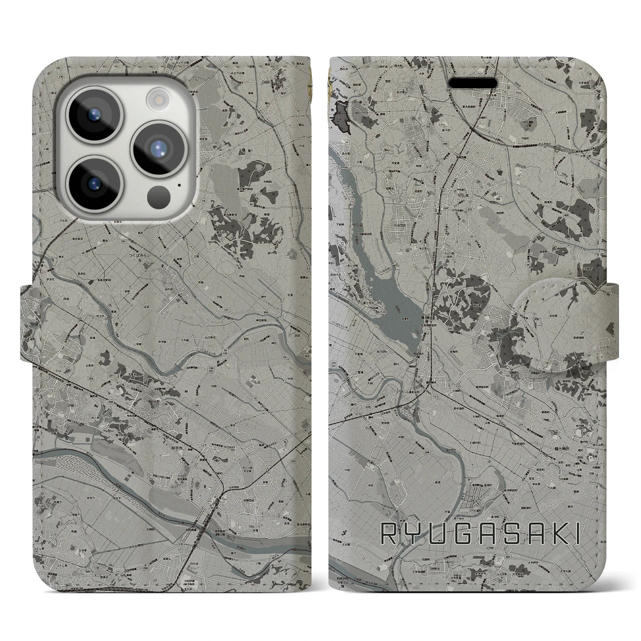 【龍ケ崎(茨城県)】地図柄iPhoneケース(手帳タイプ)モノトーン・iPhone 15 Pro 用
