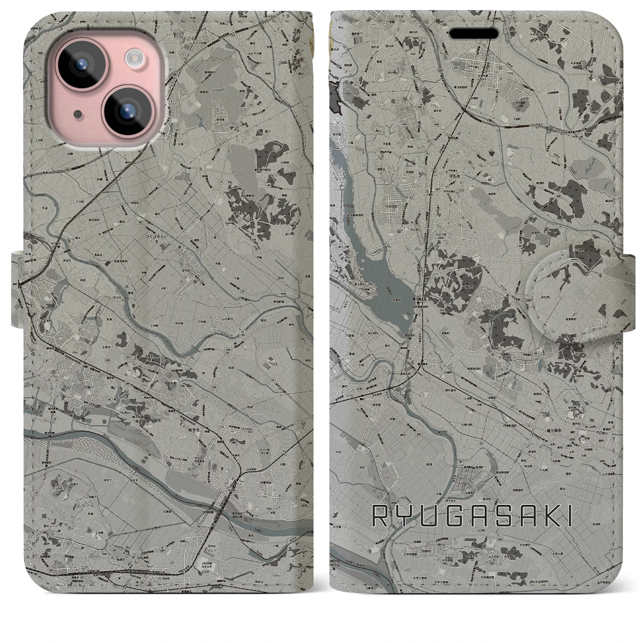 【龍ケ崎(茨城県)】地図柄iPhoneケース(手帳タイプ)モノトーン・iPhone 15 Plus 用