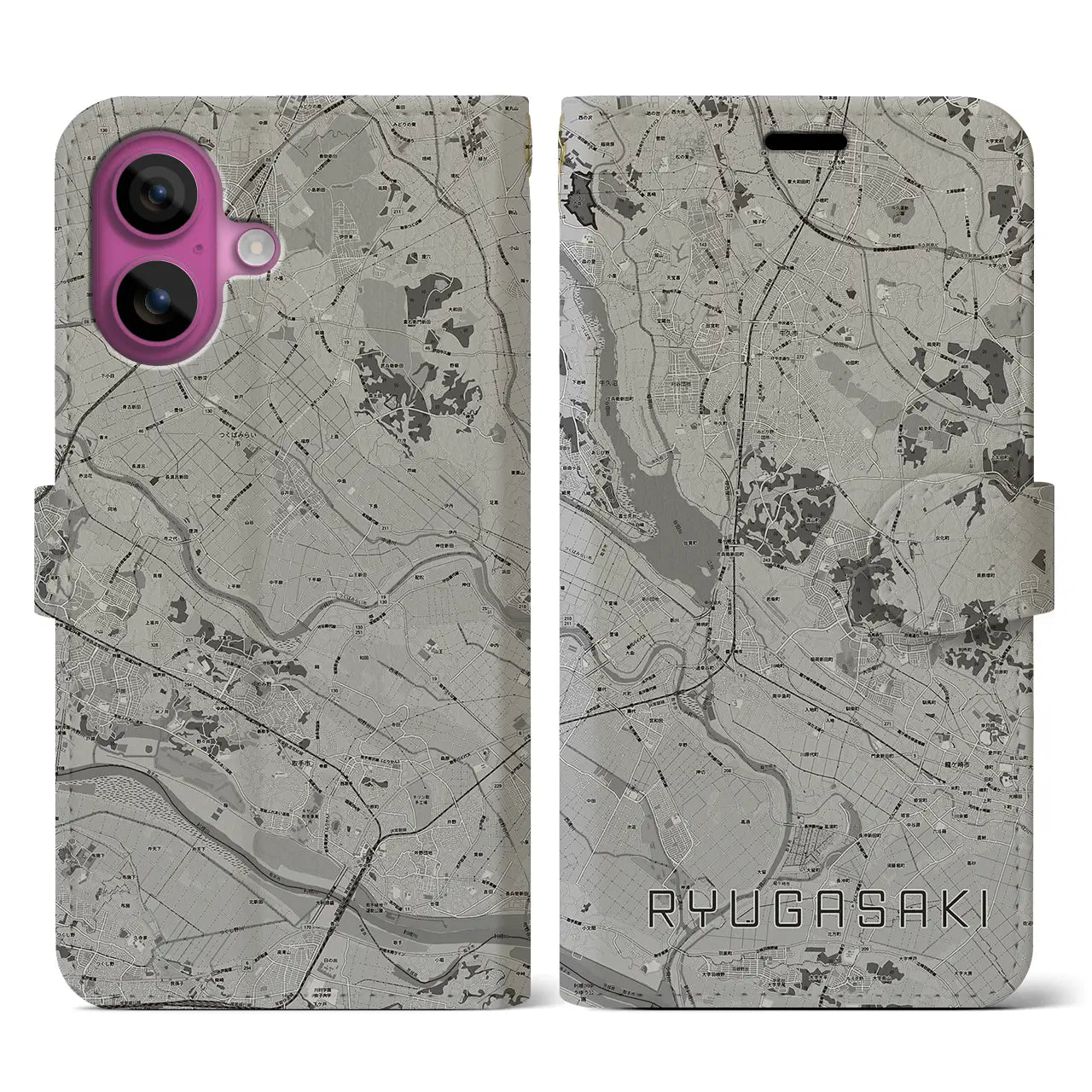 【龍ケ崎(茨城県)】地図柄iPhoneケース(手帳タイプ)モノトーン・iPhone 16 Pro 用