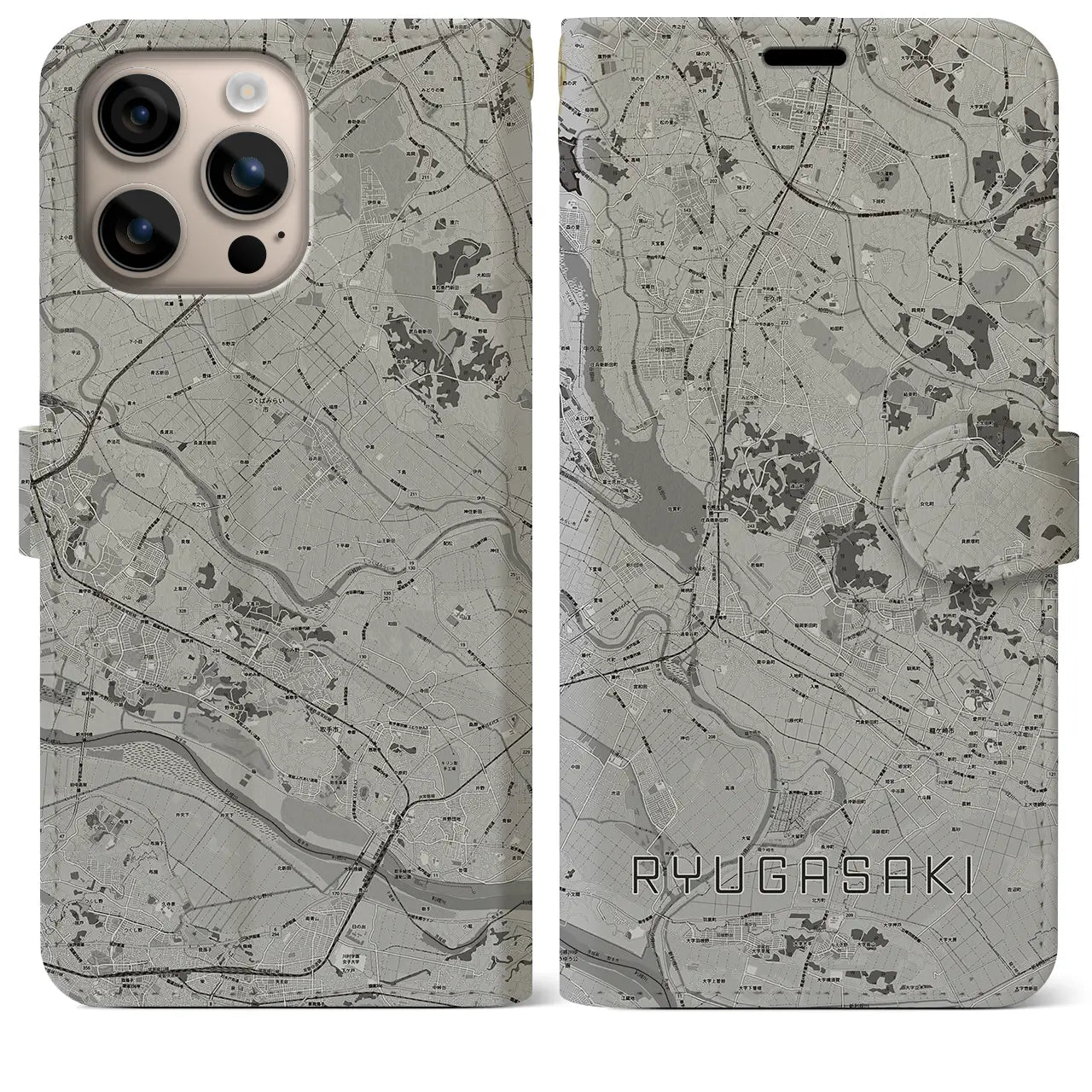 【龍ケ崎(茨城県)】地図柄iPhoneケース(手帳タイプ)モノトーン・iPhone 16 Plus 用