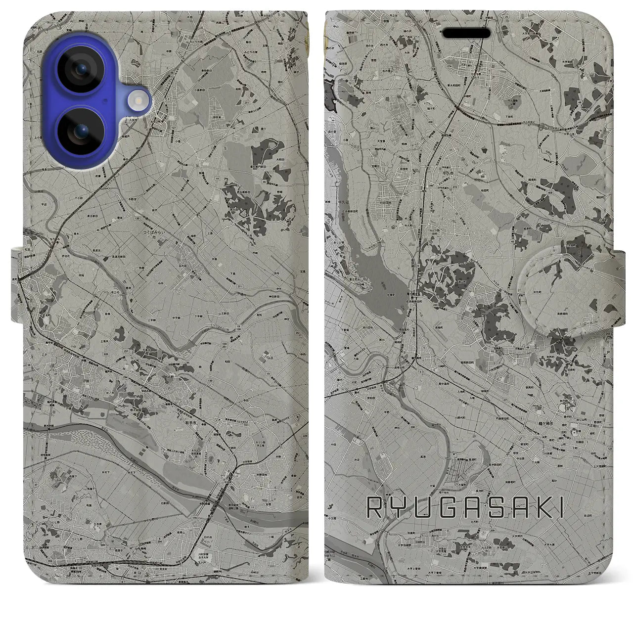 【龍ケ崎(茨城県)】地図柄iPhoneケース(手帳タイプ)モノトーン・iPhone 16 Pro Max 用