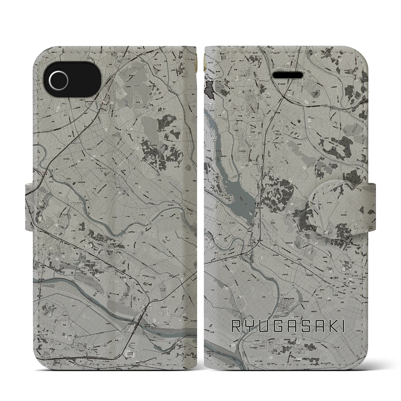 【龍ケ崎(茨城県)】地図柄iPhoneケース(手帳タイプ)モノトーン・iPhone SE(第3 / 第2世代) / 8 / 7 / 6s / 6 用