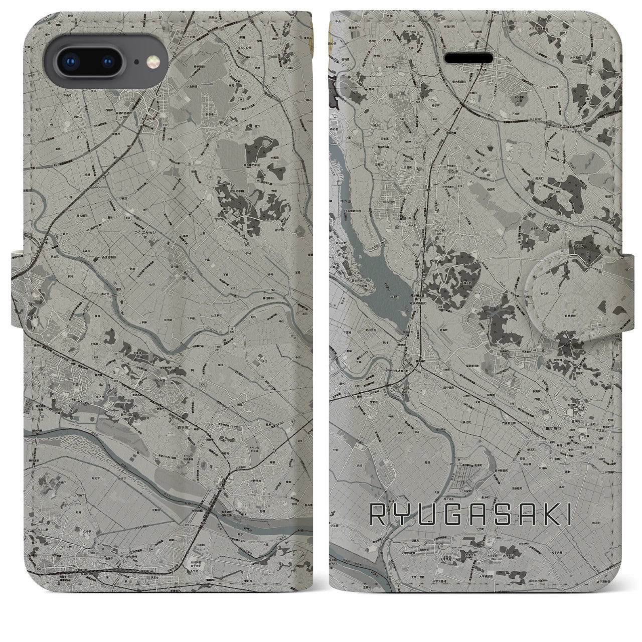 【龍ケ崎(茨城県)】地図柄iPhoneケース(手帳タイプ)モノトーン・iPhone 8Plus /7Plus / 6sPlus / 6Plus 用