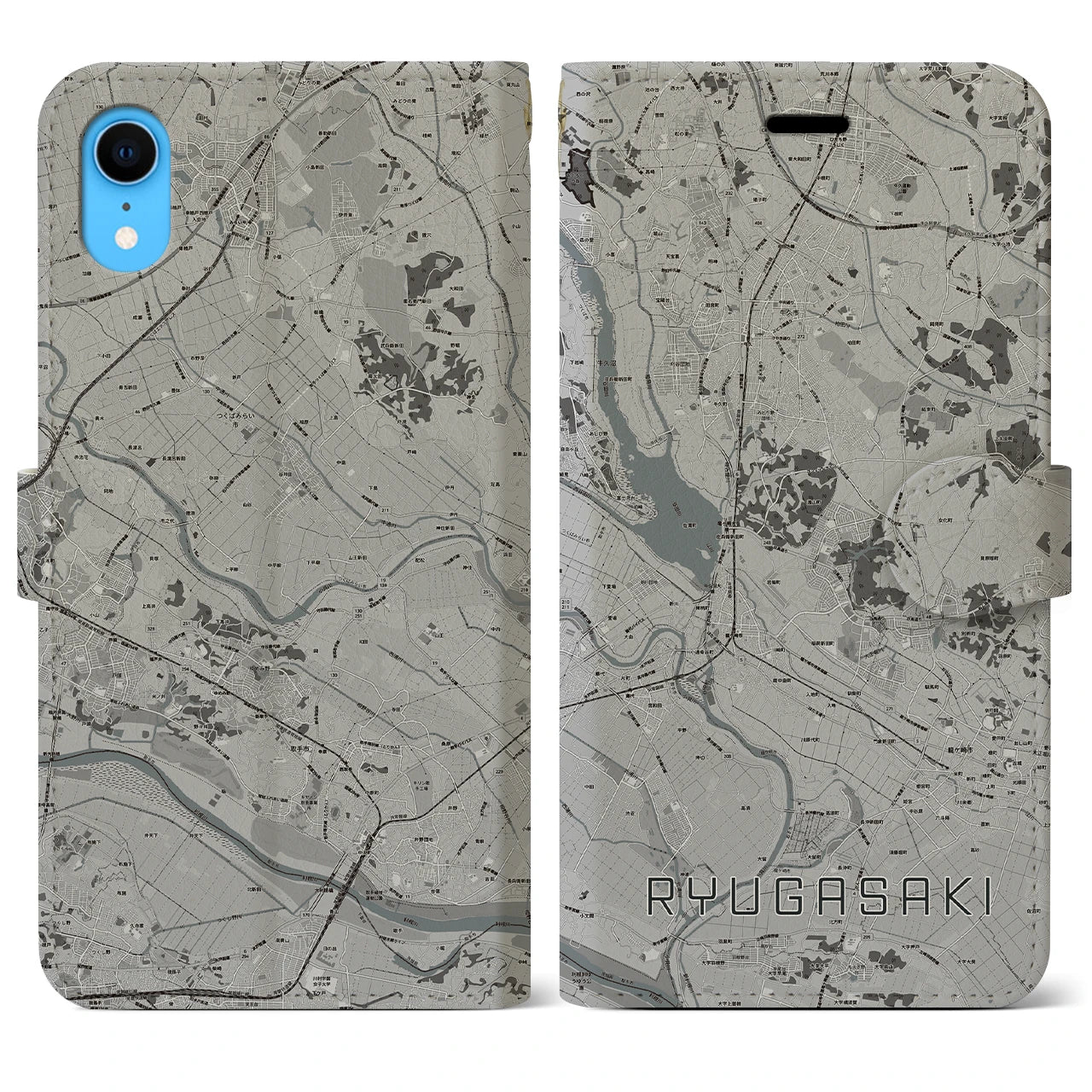 【龍ケ崎(茨城県)】地図柄iPhoneケース(手帳タイプ)モノトーン・iPhone XR 用