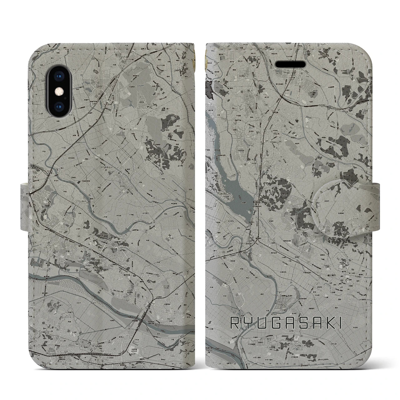 【龍ケ崎(茨城県)】地図柄iPhoneケース(手帳タイプ)モノトーン・iPhone XS / X 用