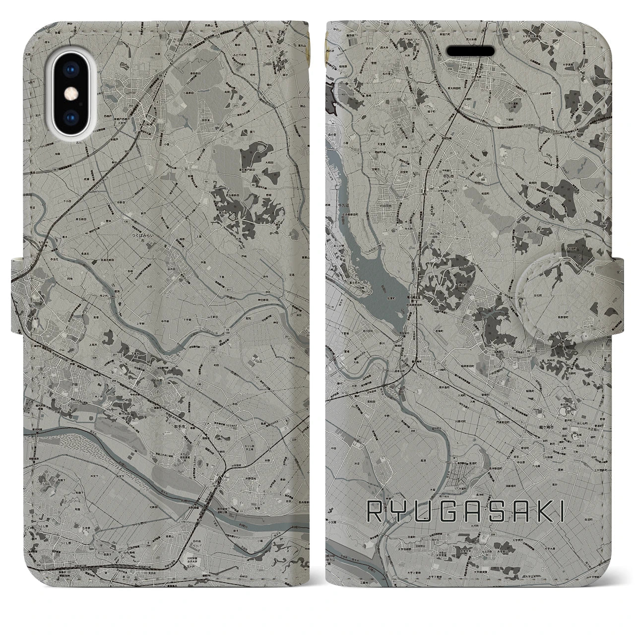 【龍ケ崎(茨城県)】地図柄iPhoneケース(手帳タイプ)モノトーン・iPhone XS Max 用