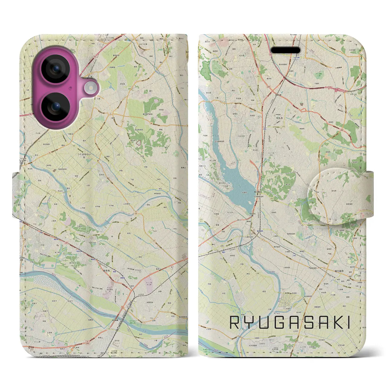 【龍ケ崎(茨城県)】地図柄iPhoneケース(手帳タイプ)ナチュラル・iPhone 16 Pro 用