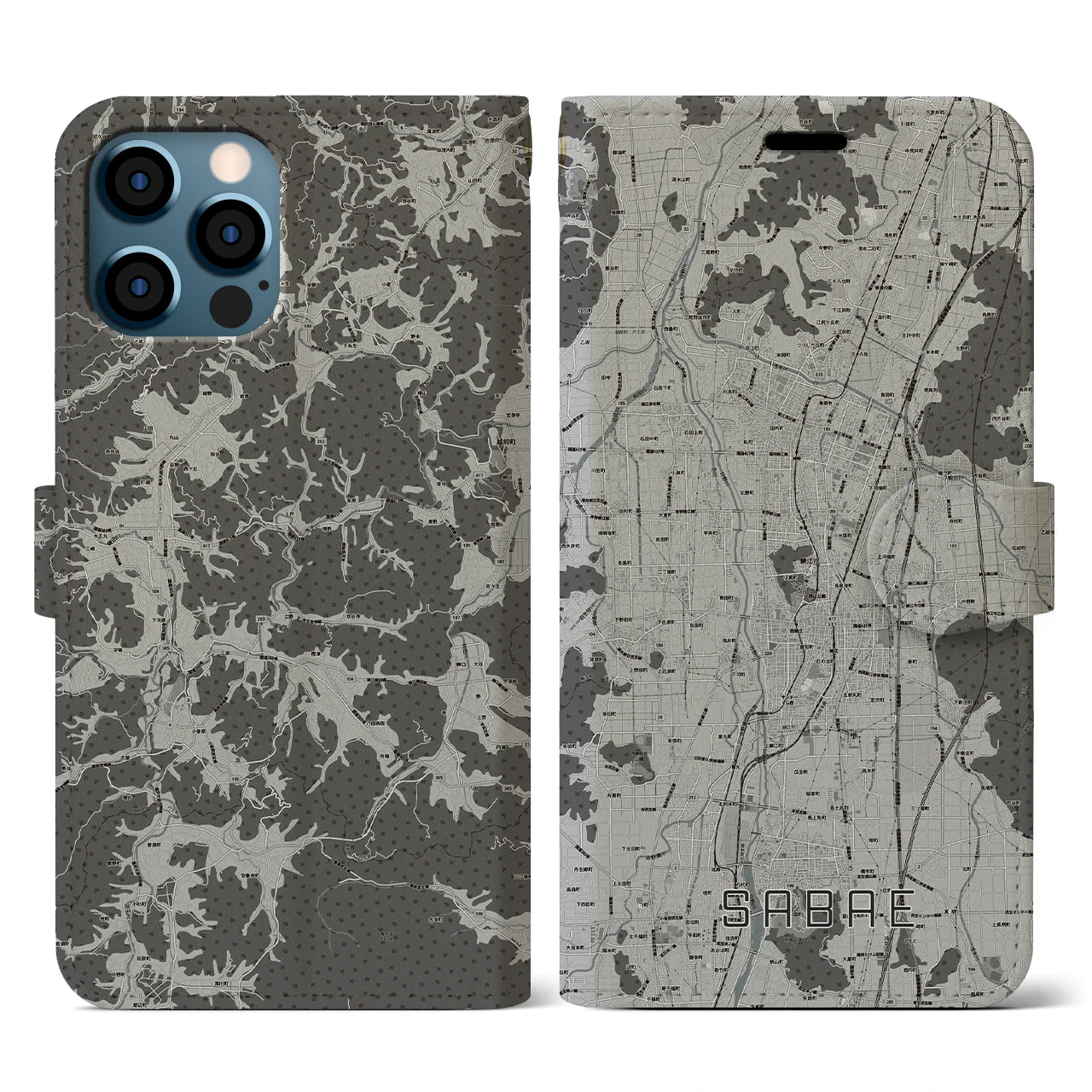 【鯖江(福井県)】地図柄iPhoneケース(手帳タイプ)モノトーン・iPhone 12 / 12 Pro 用