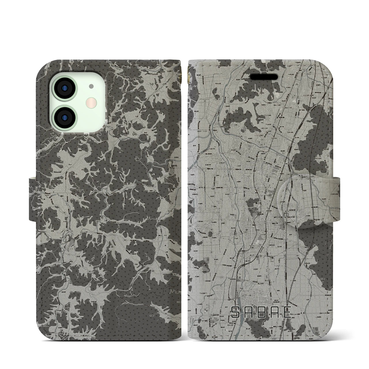 【鯖江(福井県)】地図柄iPhoneケース(手帳タイプ)モノトーン・iPhone 12 mini 用