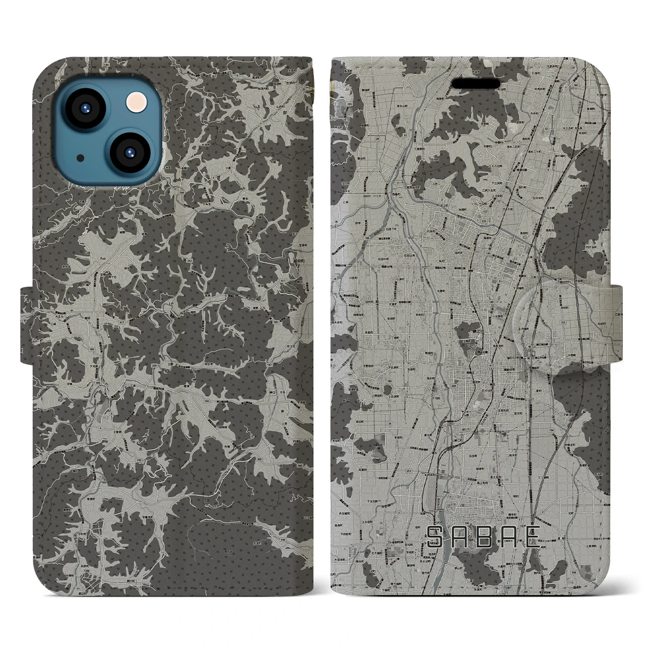 【鯖江(福井県)】地図柄iPhoneケース(手帳タイプ)モノトーン・iPhone 13 用