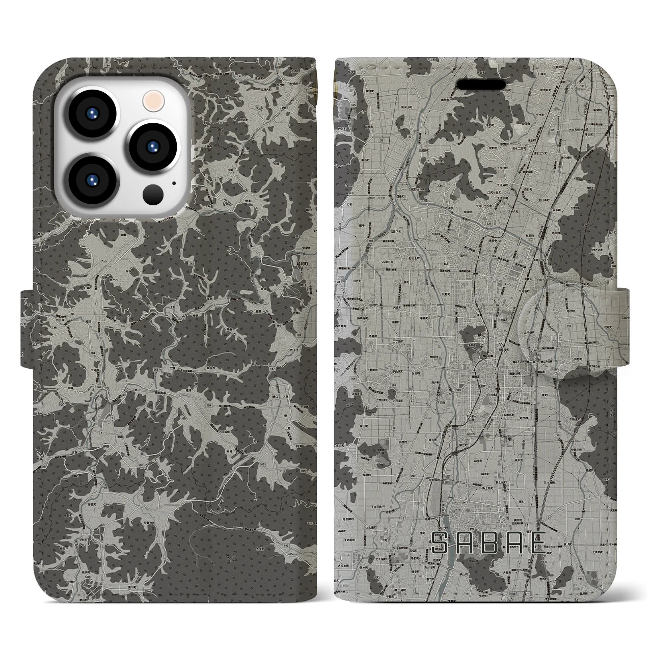 【鯖江(福井県)】地図柄iPhoneケース(手帳タイプ)モノトーン・iPhone 13 Pro 用