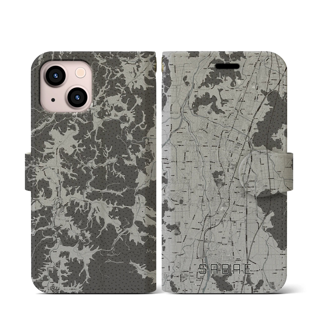 【鯖江(福井県)】地図柄iPhoneケース(手帳タイプ)モノトーン・iPhone 13 mini 用