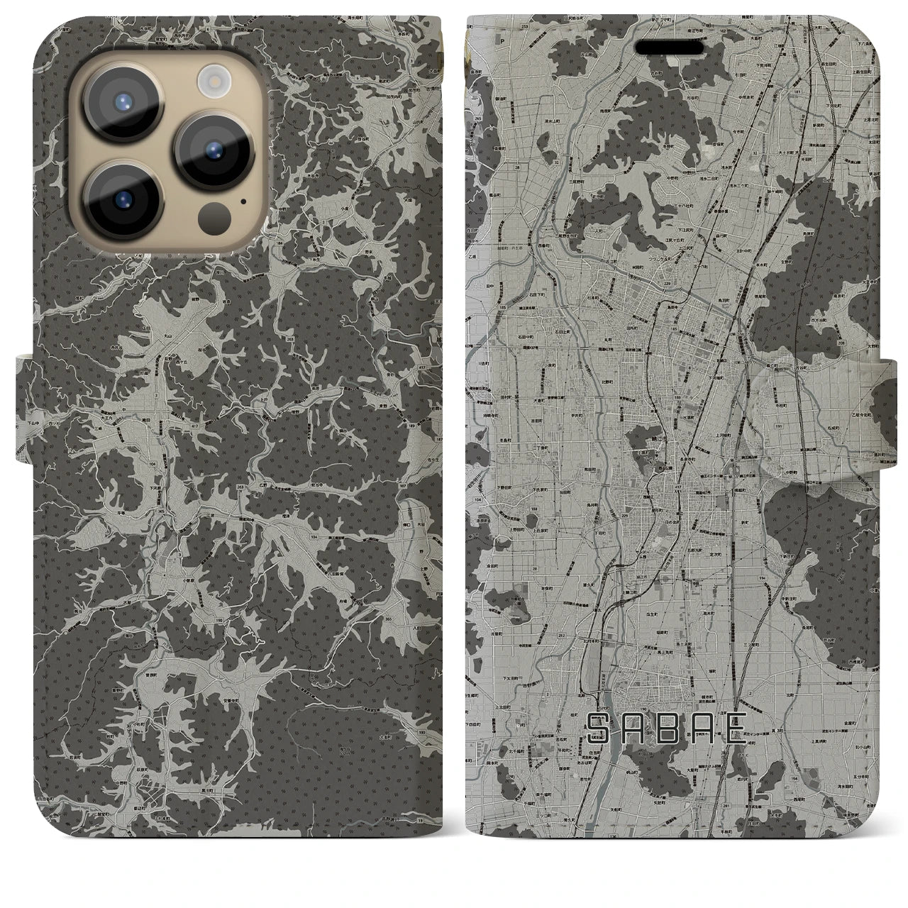 【鯖江(福井県)】地図柄iPhoneケース(手帳タイプ)モノトーン・iPhone 14 Pro Max 用