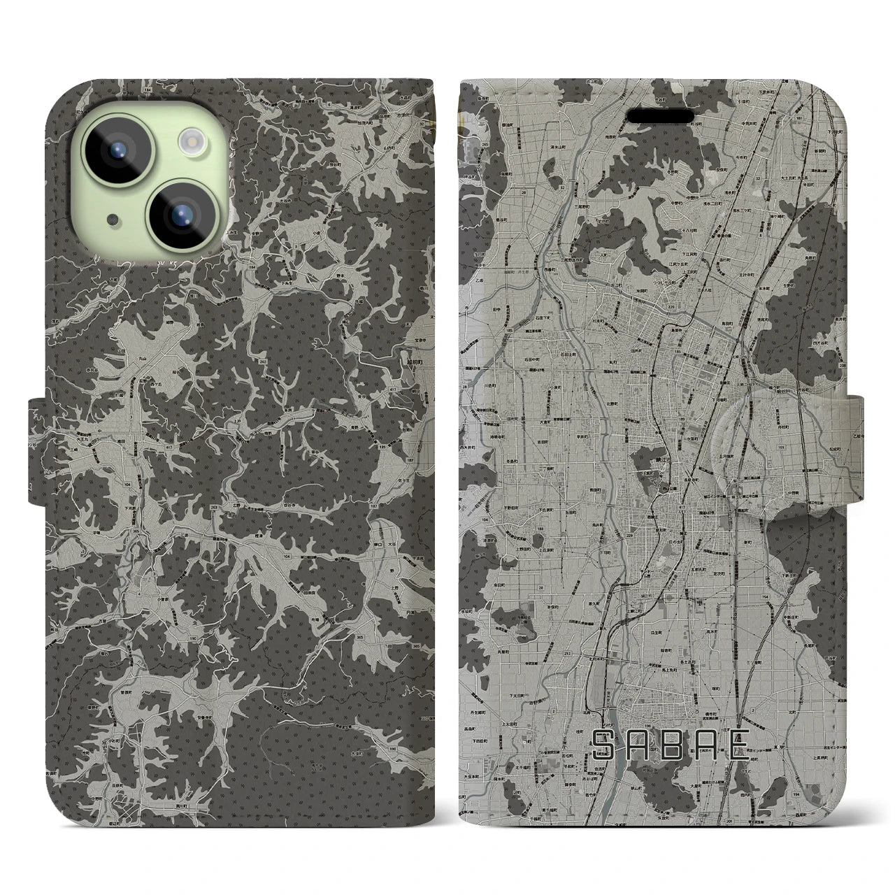 【鯖江(福井県)】地図柄iPhoneケース(手帳タイプ)モノトーン・iPhone 15 用