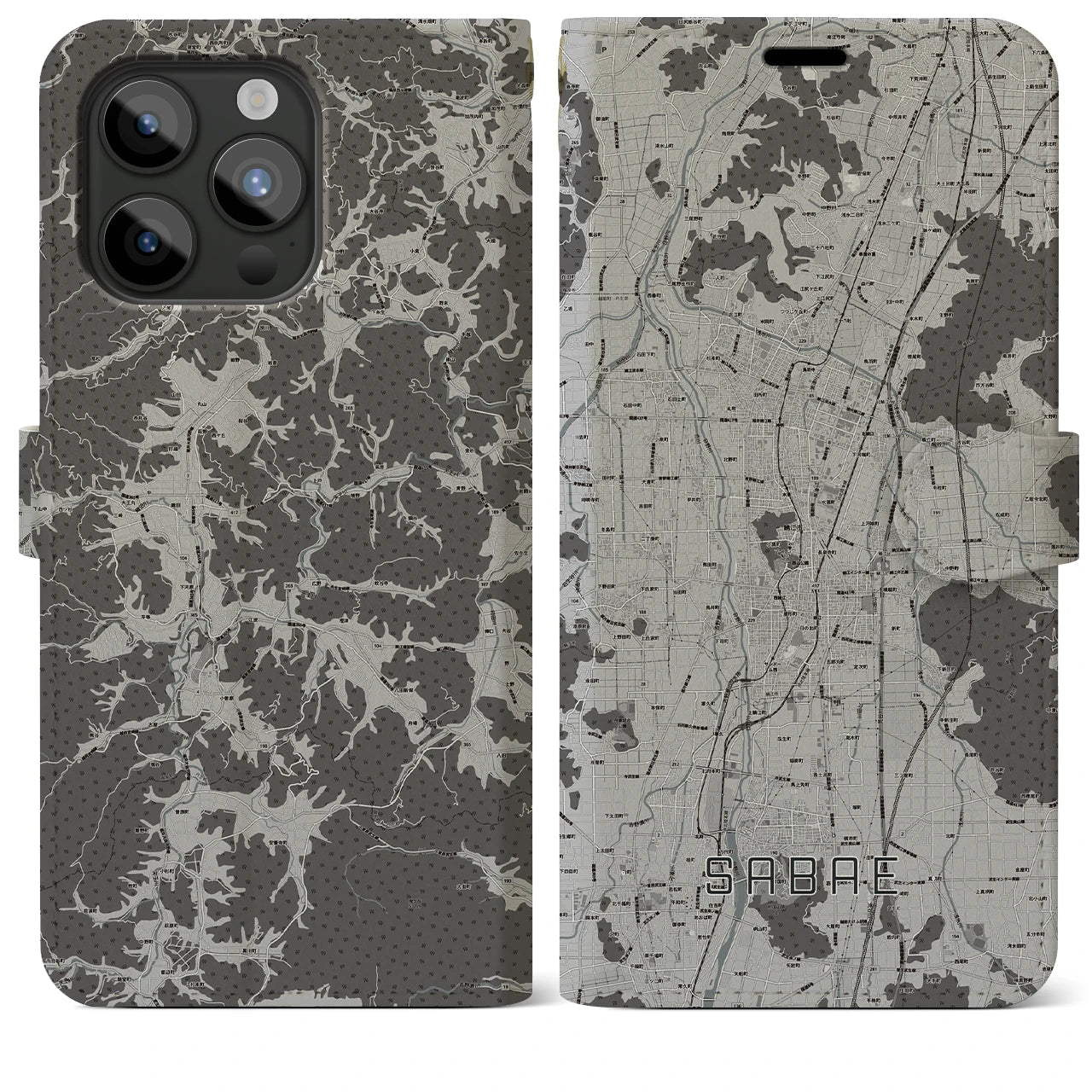 【鯖江(福井県)】地図柄iPhoneケース(手帳タイプ)モノトーン・iPhone 15 Pro Max 用