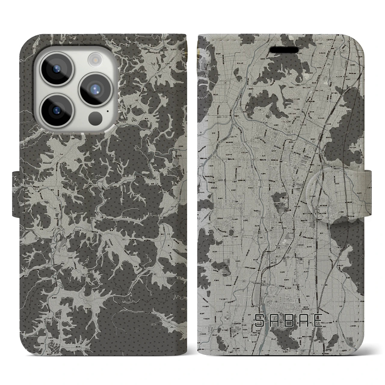 【鯖江(福井県)】地図柄iPhoneケース(手帳タイプ)モノトーン・iPhone 15 Pro 用