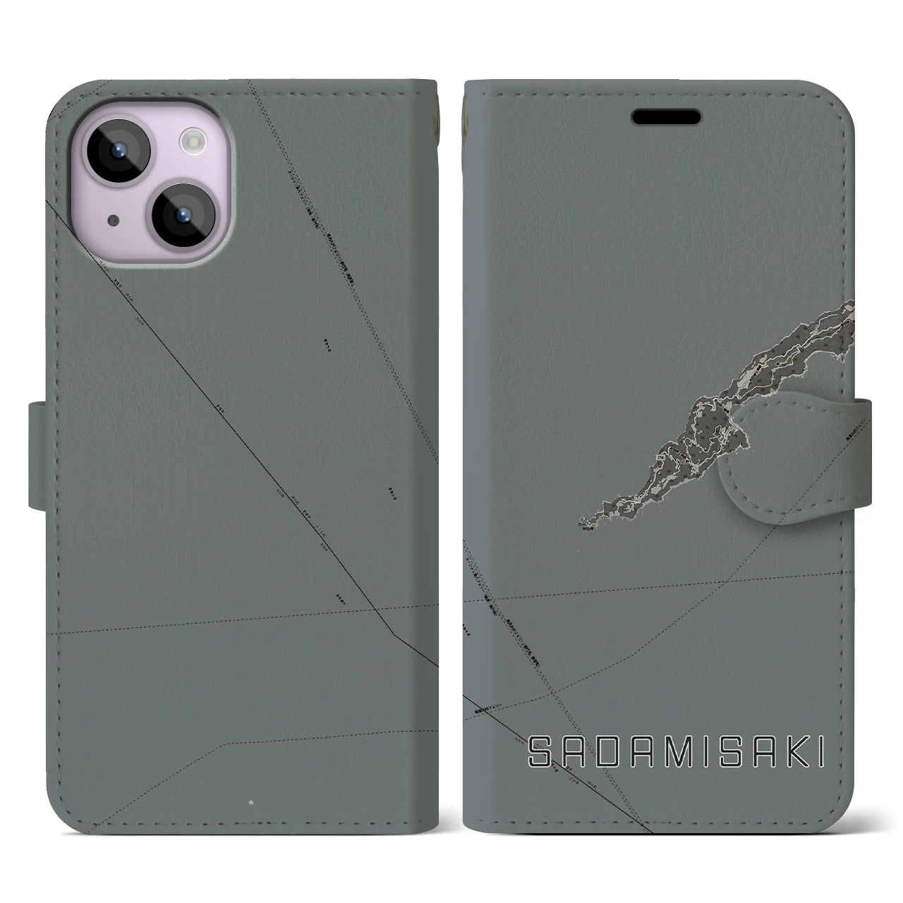 【佐田岬(愛媛県)】地図柄iPhoneケース(手帳タイプ)モノトーン・iPhone 14 用