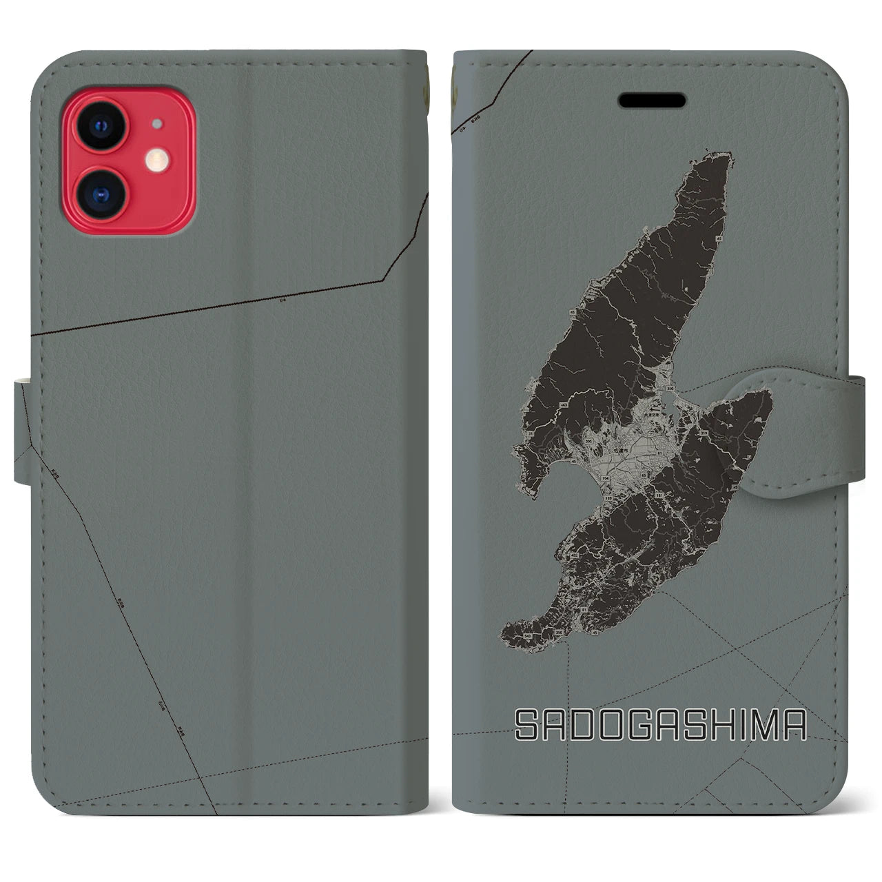 【佐渡島(新潟県)】地図柄iPhoneケース(手帳タイプ)モノトーン・iPhone 11 用