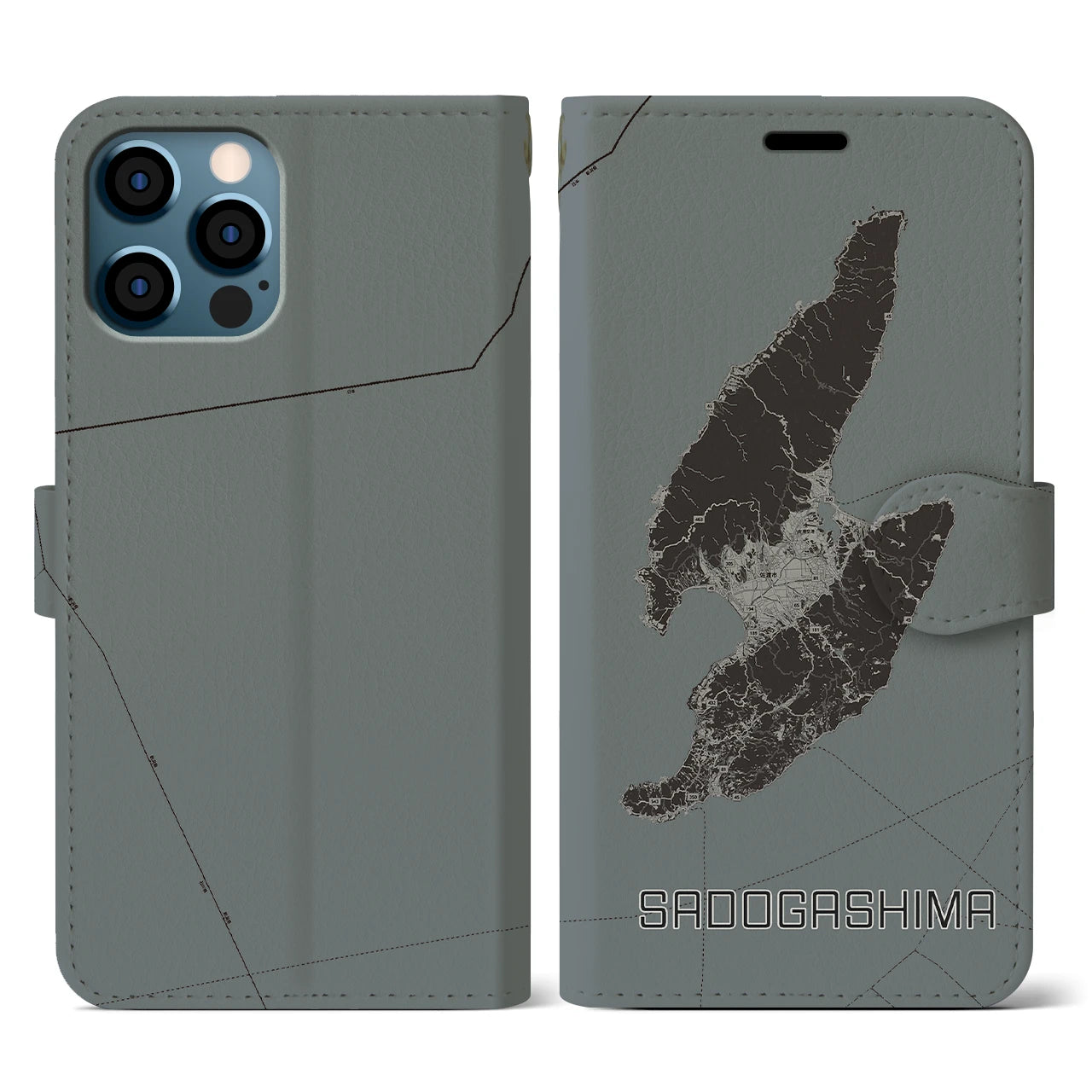 【佐渡島(新潟県)】地図柄iPhoneケース(手帳タイプ)モノトーン・iPhone 12 / 12 Pro 用